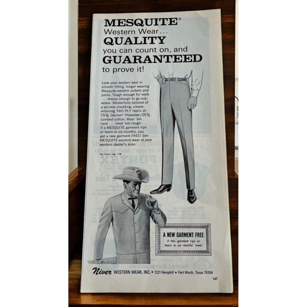 Mesquite Niver Western Wear Vintage Print Ad 1970s Mens Fashion Fort Worth TX